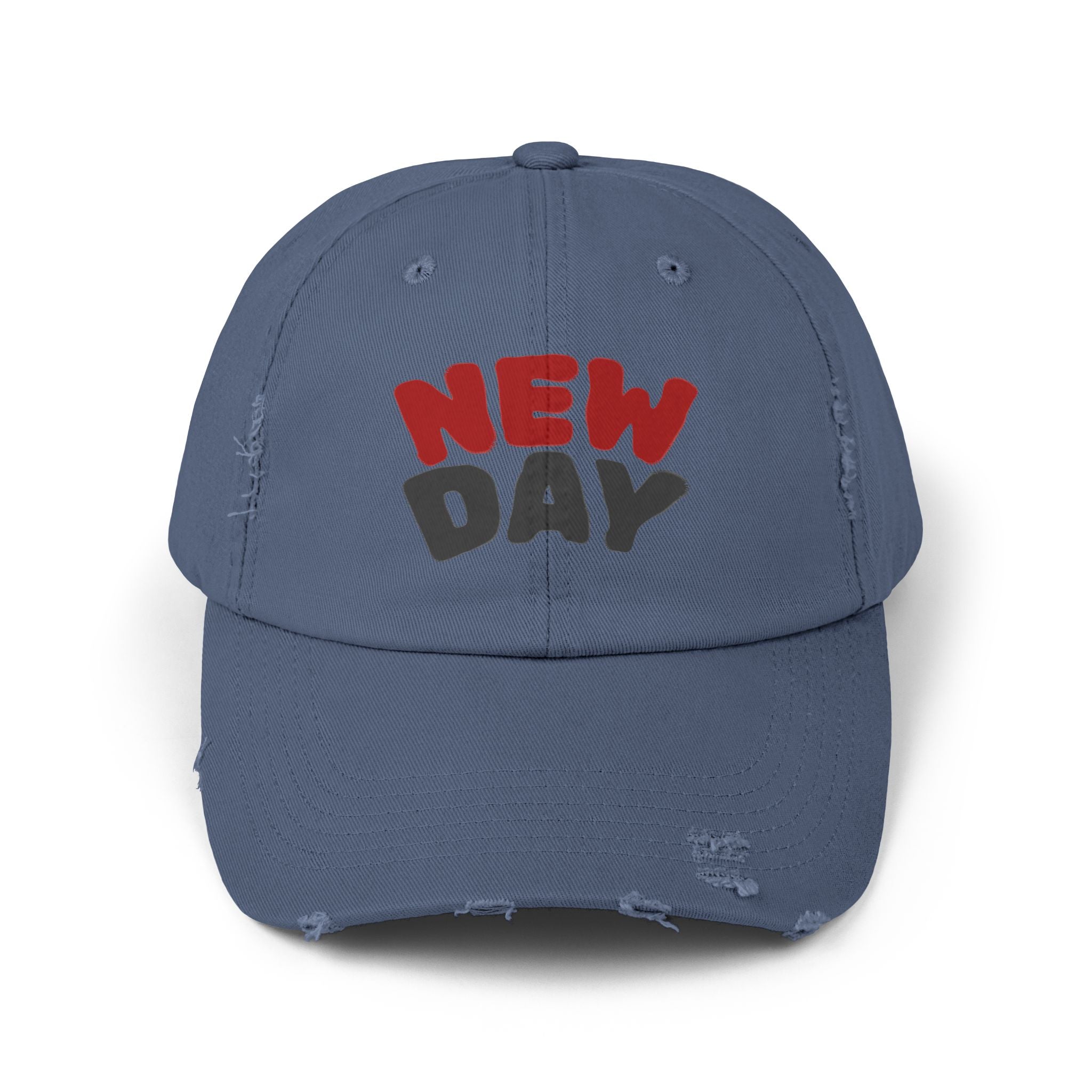 Distressed Baseball Cap – 'New Day' Red & Gray Retro Embroidered Hat