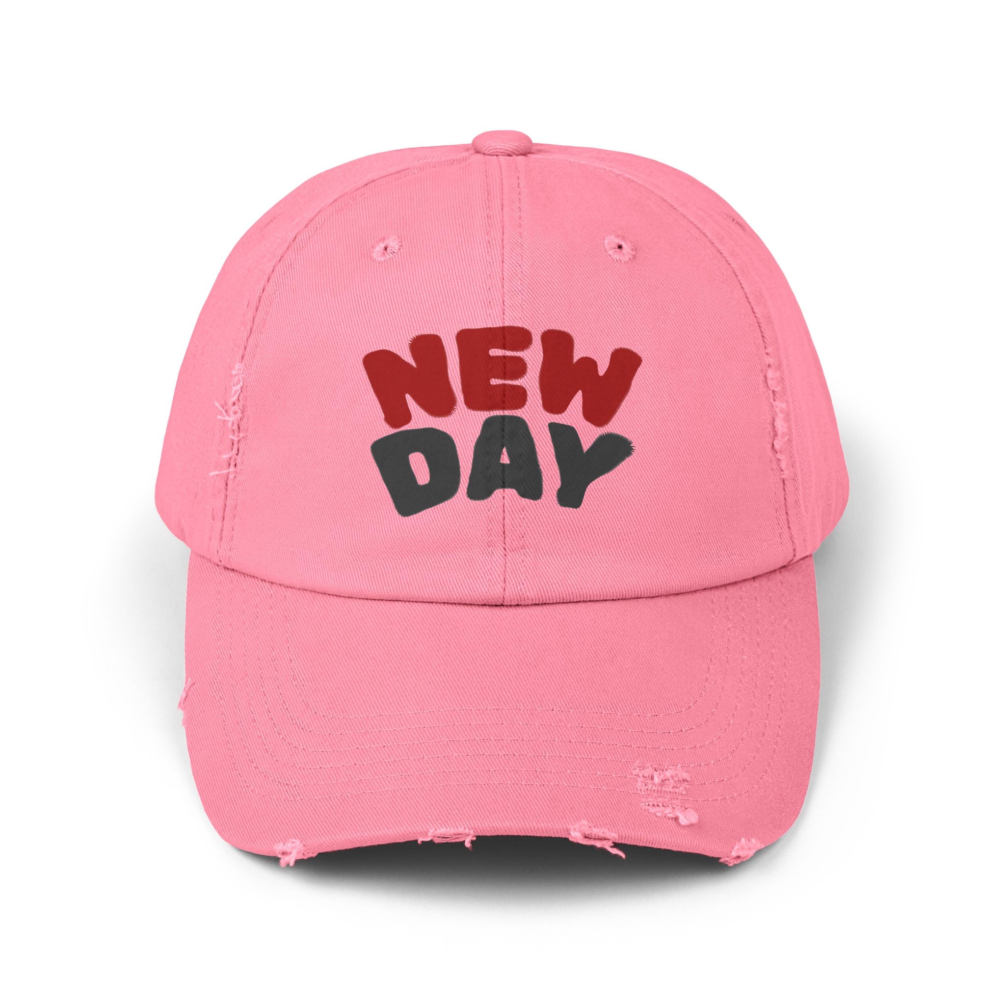 Distressed Baseball Cap – 'New Day' Red & Gray Retro Embroidered Hat