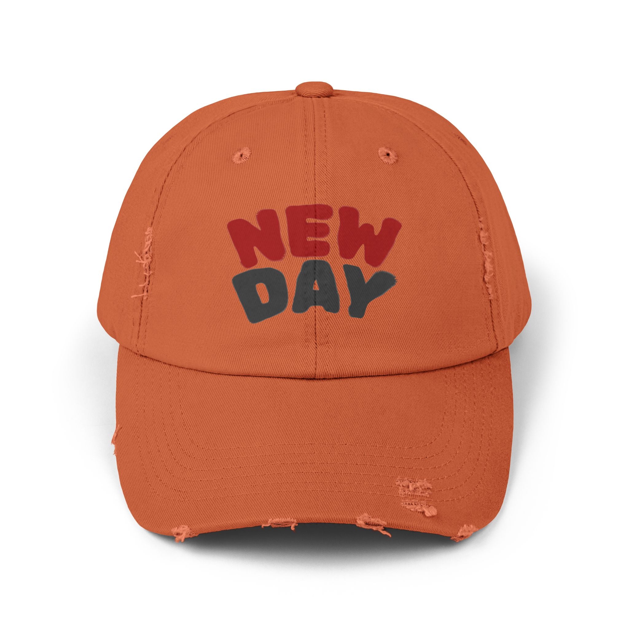 Distressed Baseball Cap – 'New Day' Red & Gray Retro Embroidered Hat