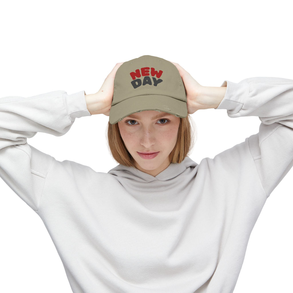 Distressed Baseball Cap – 'New Day' Red & Gray Retro Embroidered Hat