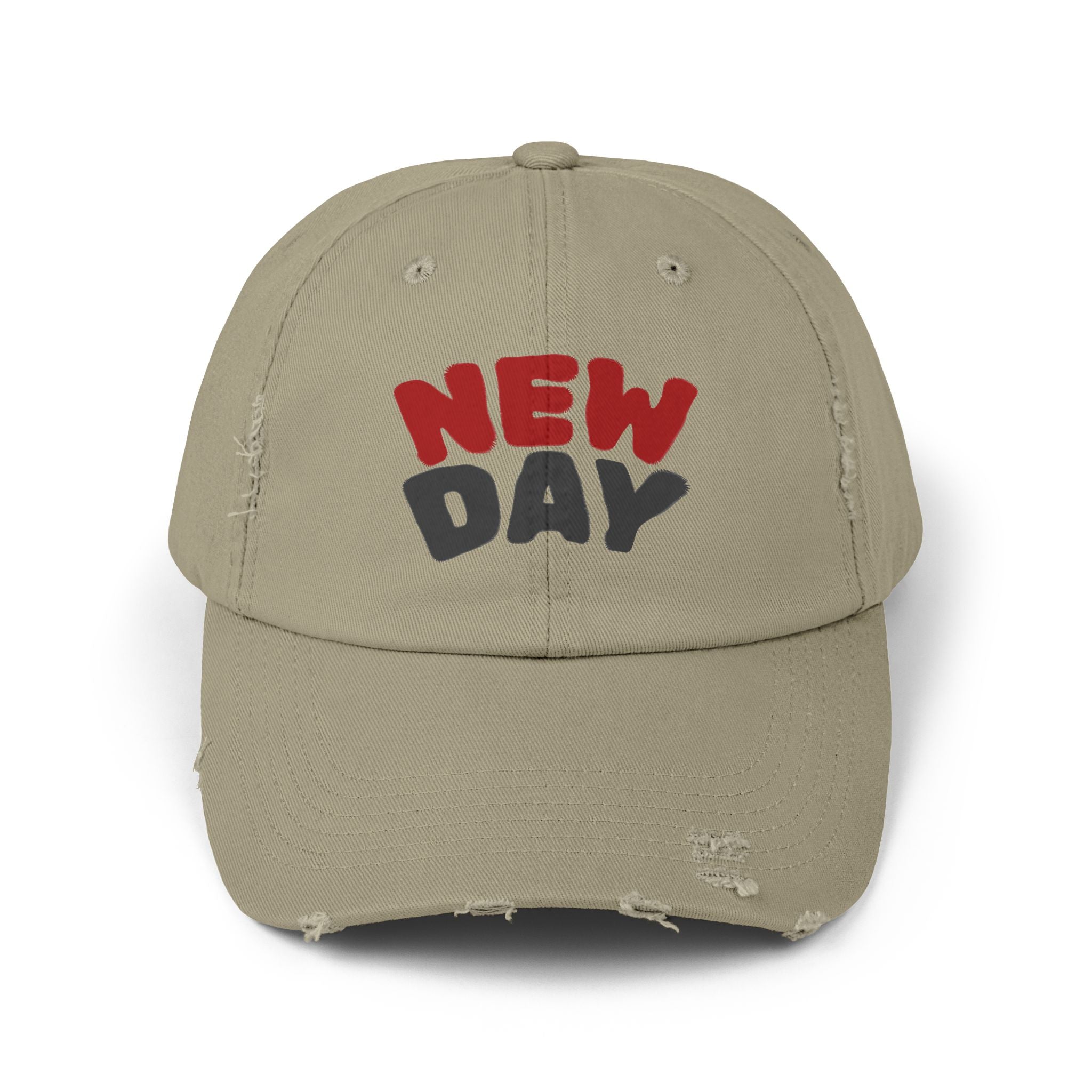 Distressed Baseball Cap – 'New Day' Red & Gray Retro Embroidered Hat