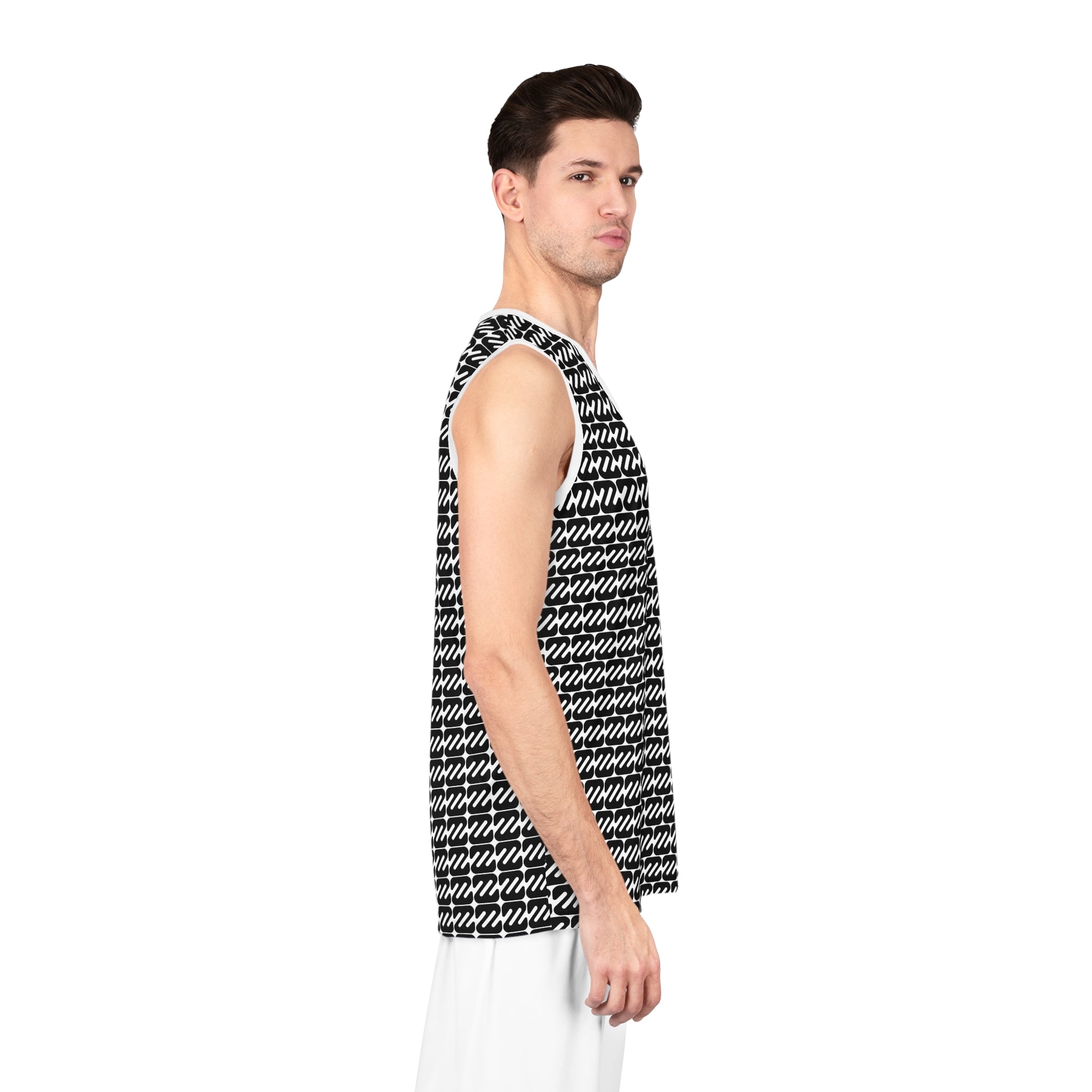 Monogram Repeat Basketball Jersey — Black & White All-Over Print