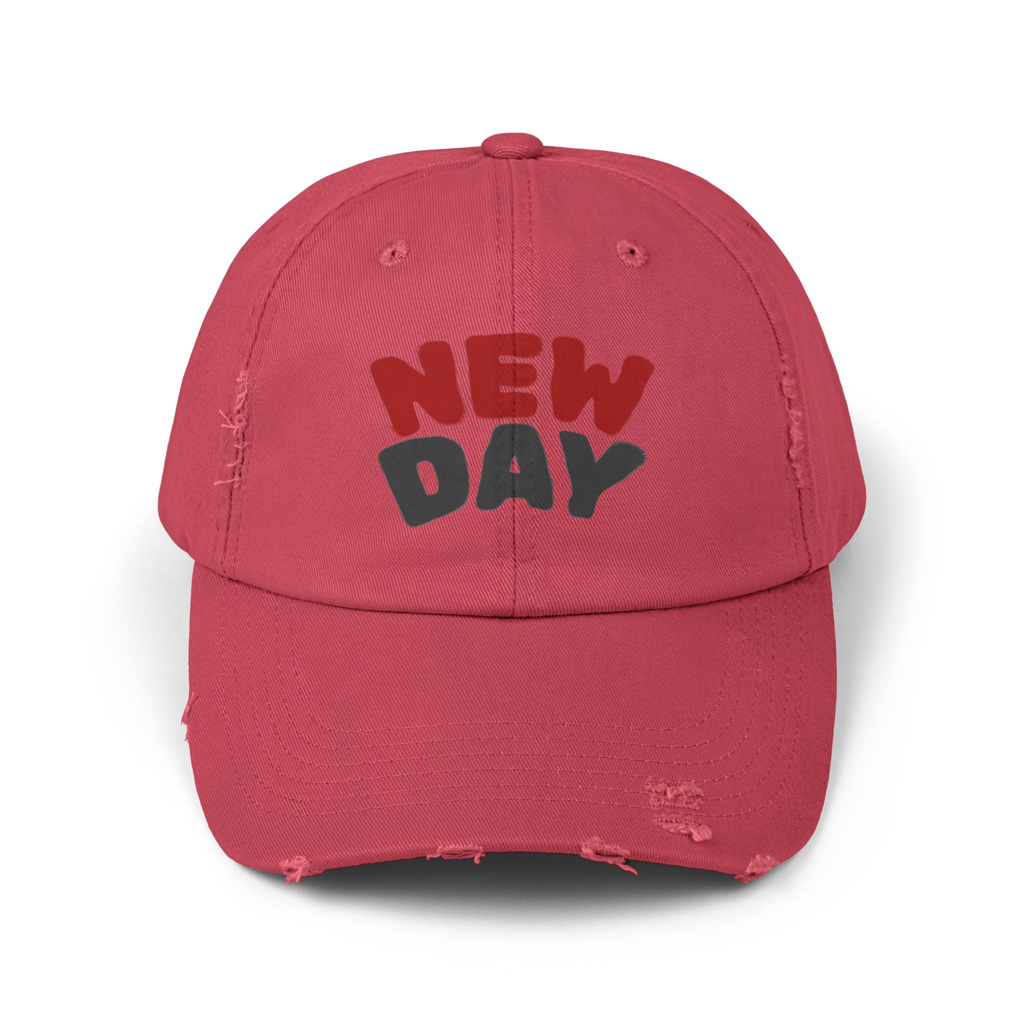 Distressed Baseball Cap – 'New Day' Red & Gray Retro Embroidered Hat