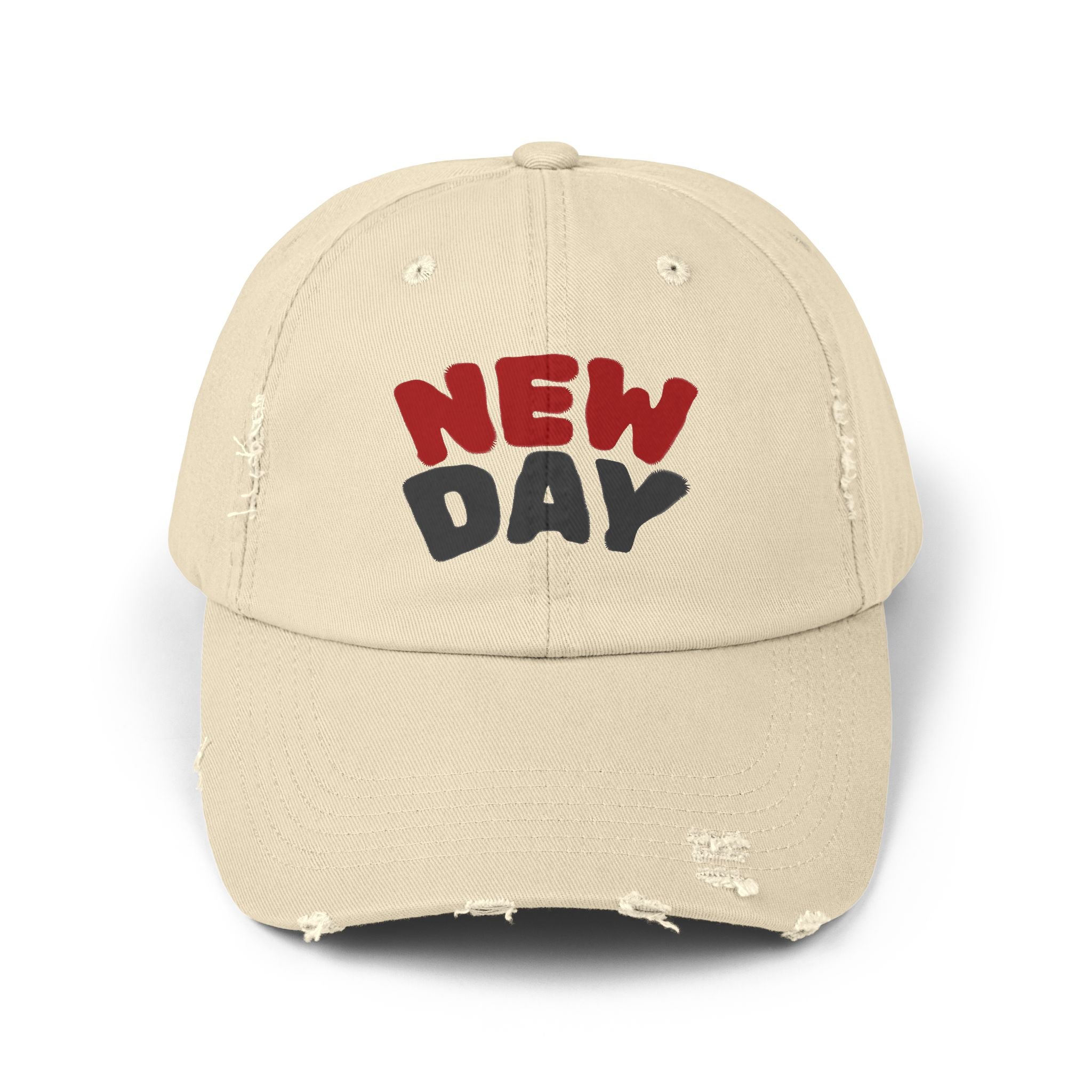 Distressed Baseball Cap – 'New Day' Red & Gray Retro Embroidered Hat