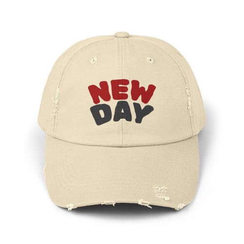 Distressed Baseball Cap – 'New Day' Red & Gray Retro Embroidered Hat