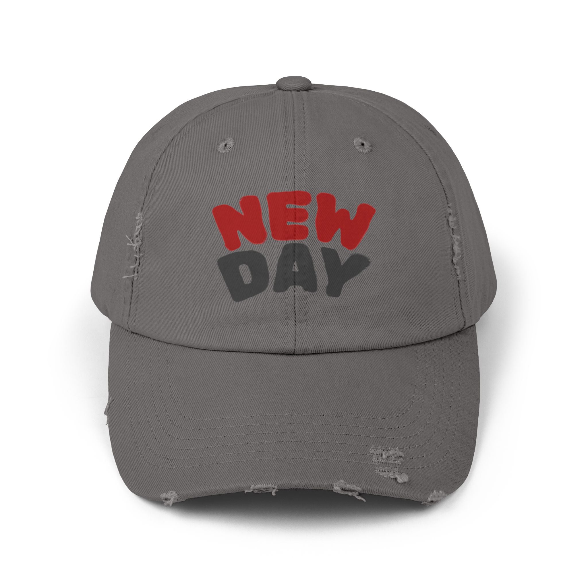 Distressed Baseball Cap – 'New Day' Red & Gray Retro Embroidered Hat