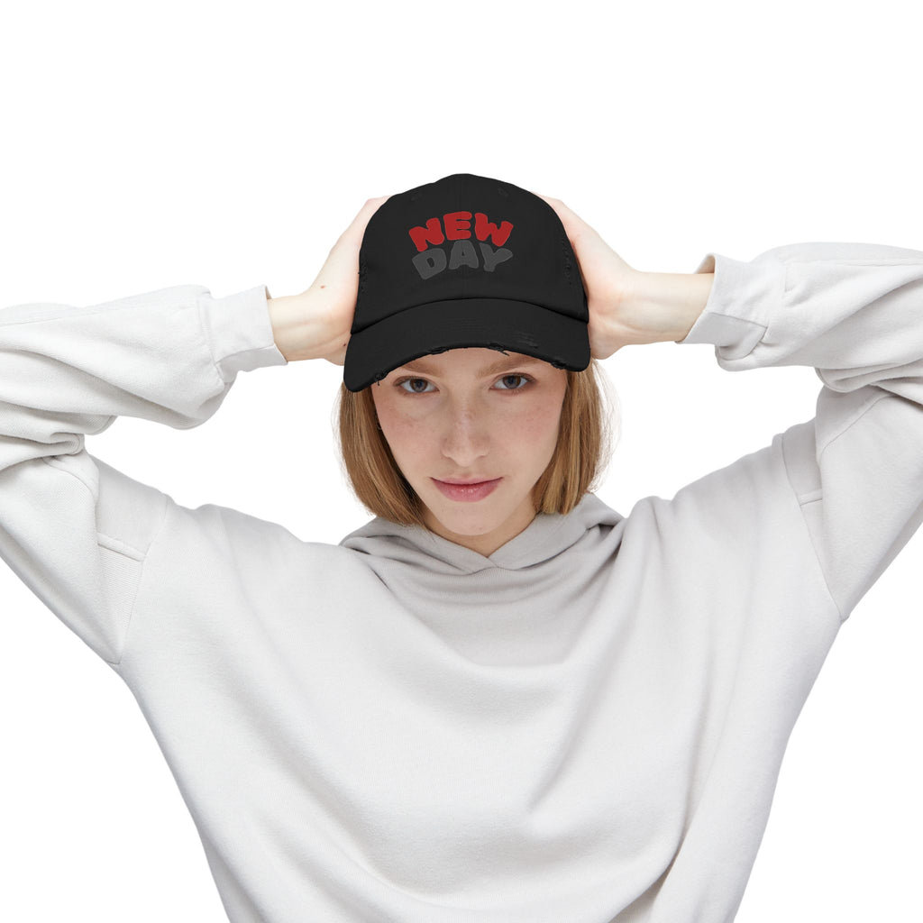Distressed Baseball Cap – 'New Day' Red & Gray Retro Embroidered Hat