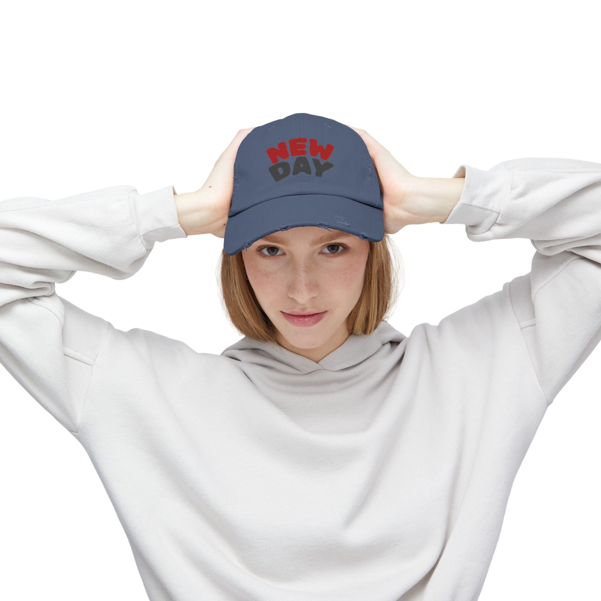Distressed Baseball Cap – 'New Day' Red & Gray Retro Embroidered Hat