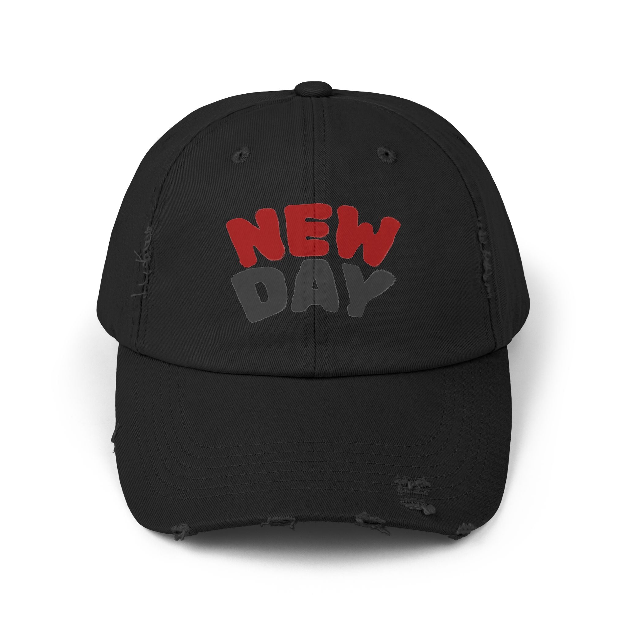 Distressed Baseball Cap – 'New Day' Red & Gray Retro Embroidered Hat