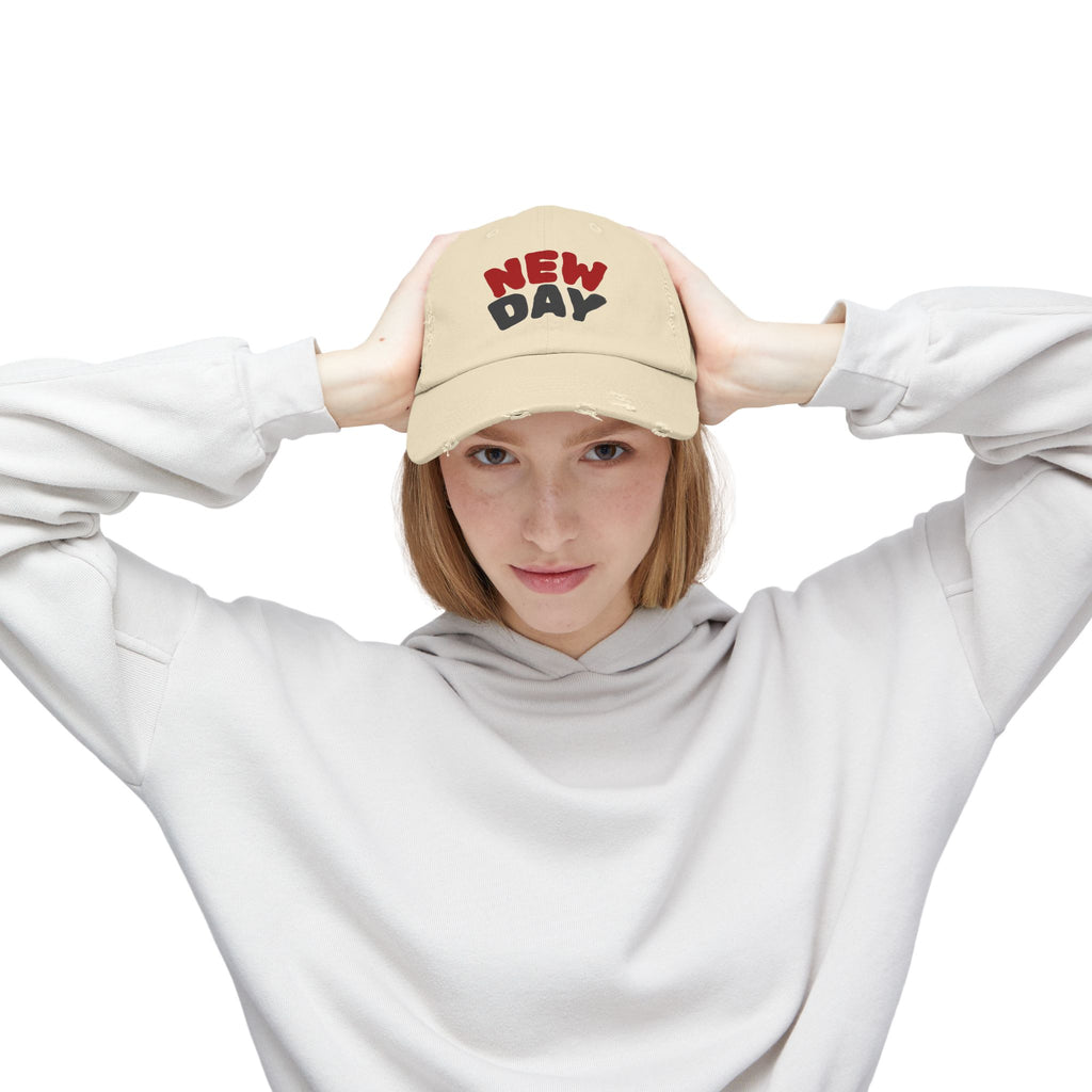 Distressed Baseball Cap – 'New Day' Red & Gray Retro Embroidered Hat